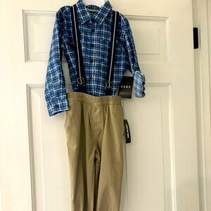 DKNY collared plaid shirt with suspenders and khakis